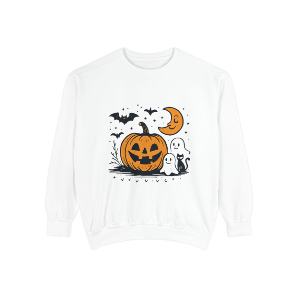 Halloween Pumpkin Sweatshirt, Cozy Fall Apparel, Spooky Season Sweater, Unisex Halloween Clothing, Ghost and Bat Design