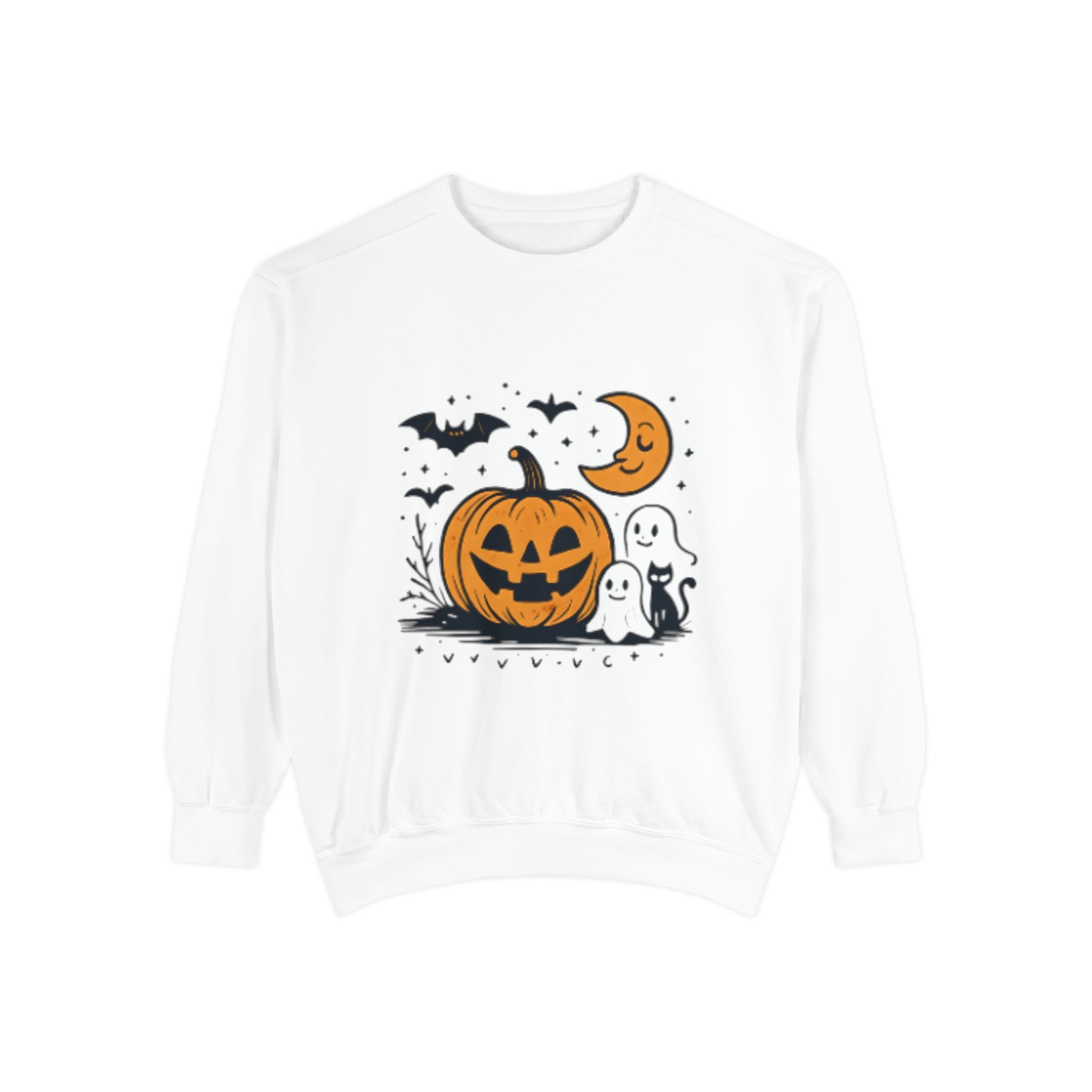 Halloween Pumpkin Sweatshirt, Cozy Fall Apparel, Spooky Season Sweater, Unisex Halloween Clothing, Ghost and Bat Design