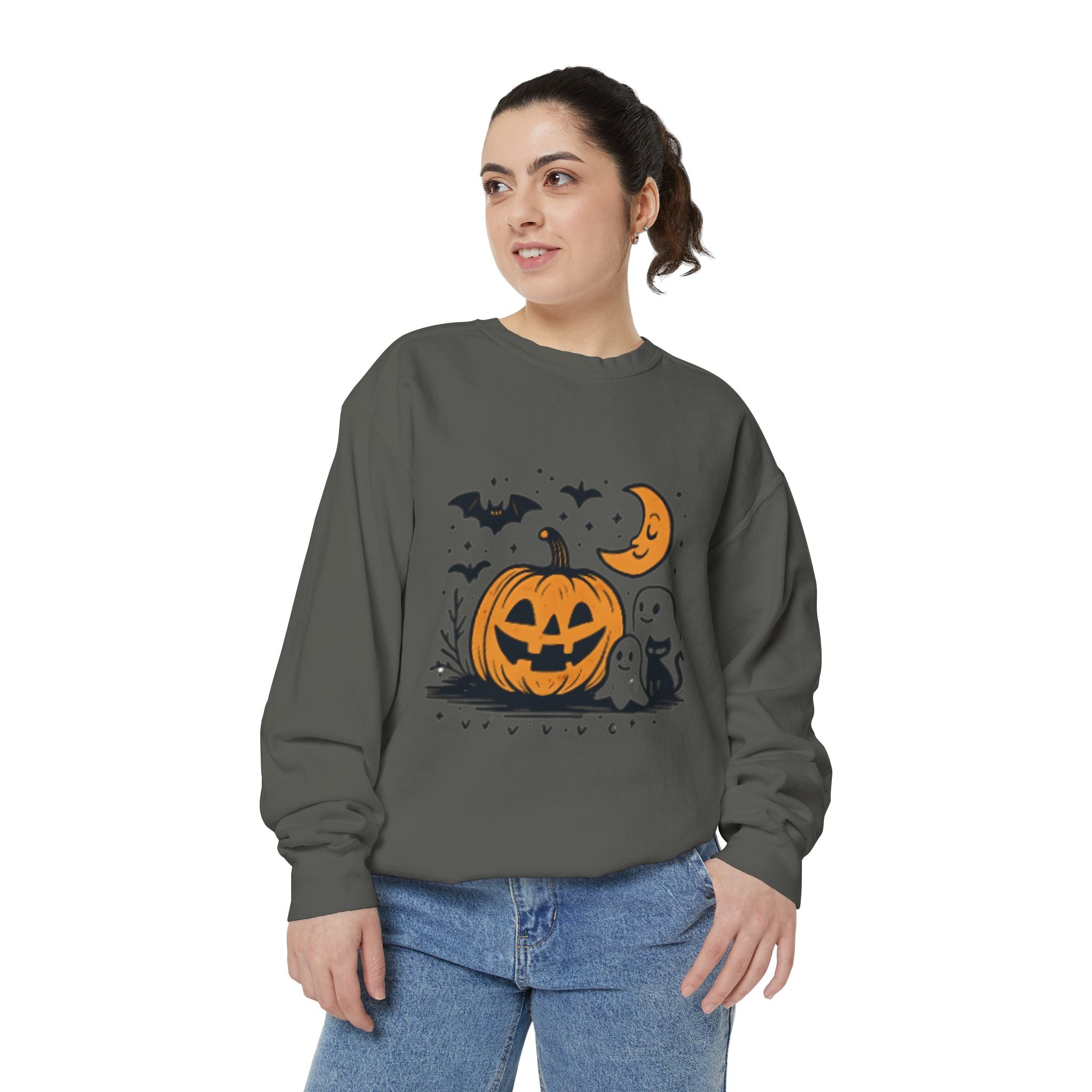 Halloween Pumpkin Sweatshirt, Cozy Fall Apparel, Spooky Season Sweater, Unisex Halloween Clothing, Ghost and Bat Design
