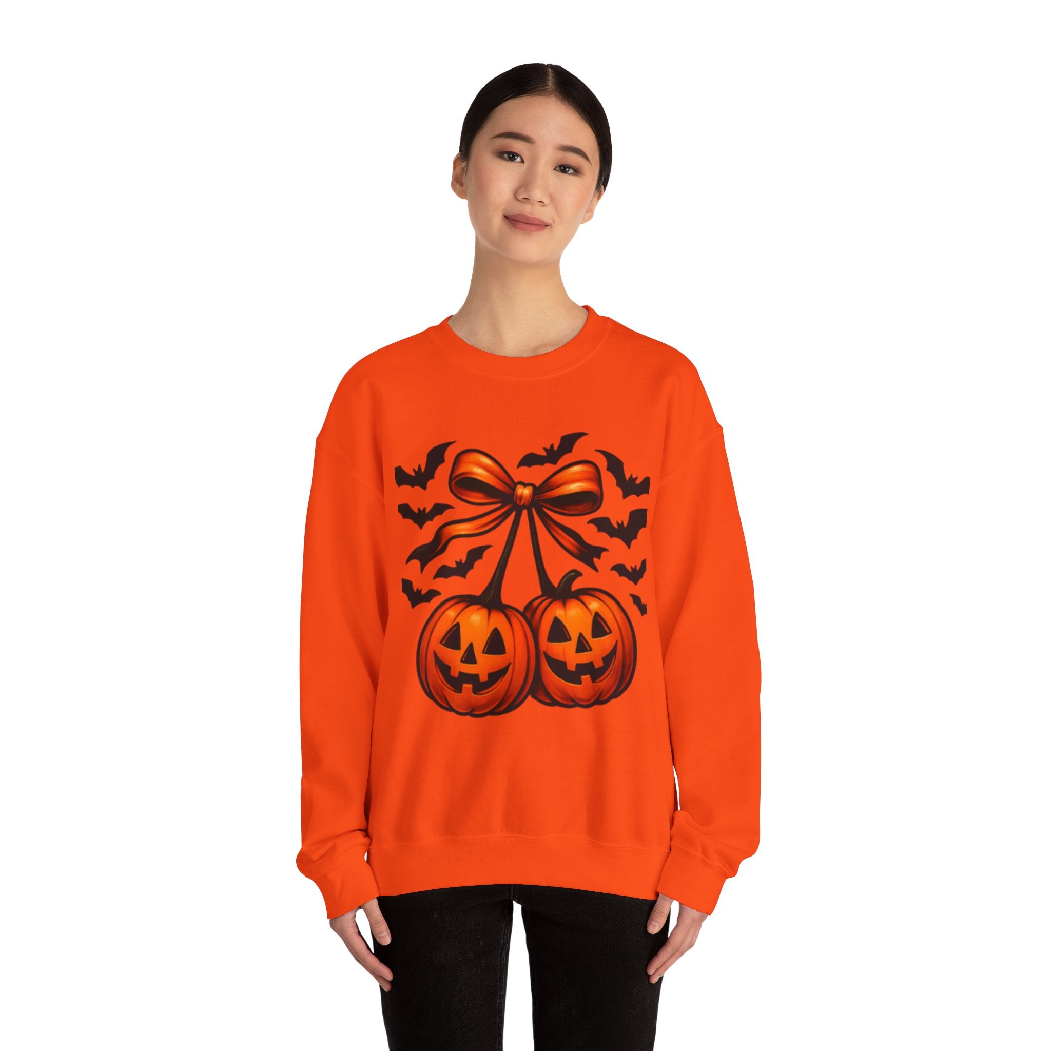 Pumpkin Bow Crewneck Sweatshirt | Cozy Halloween Apparel, Fall Fashion, Unisex Sweater, Autumn Gift, Spooky Season Clothing