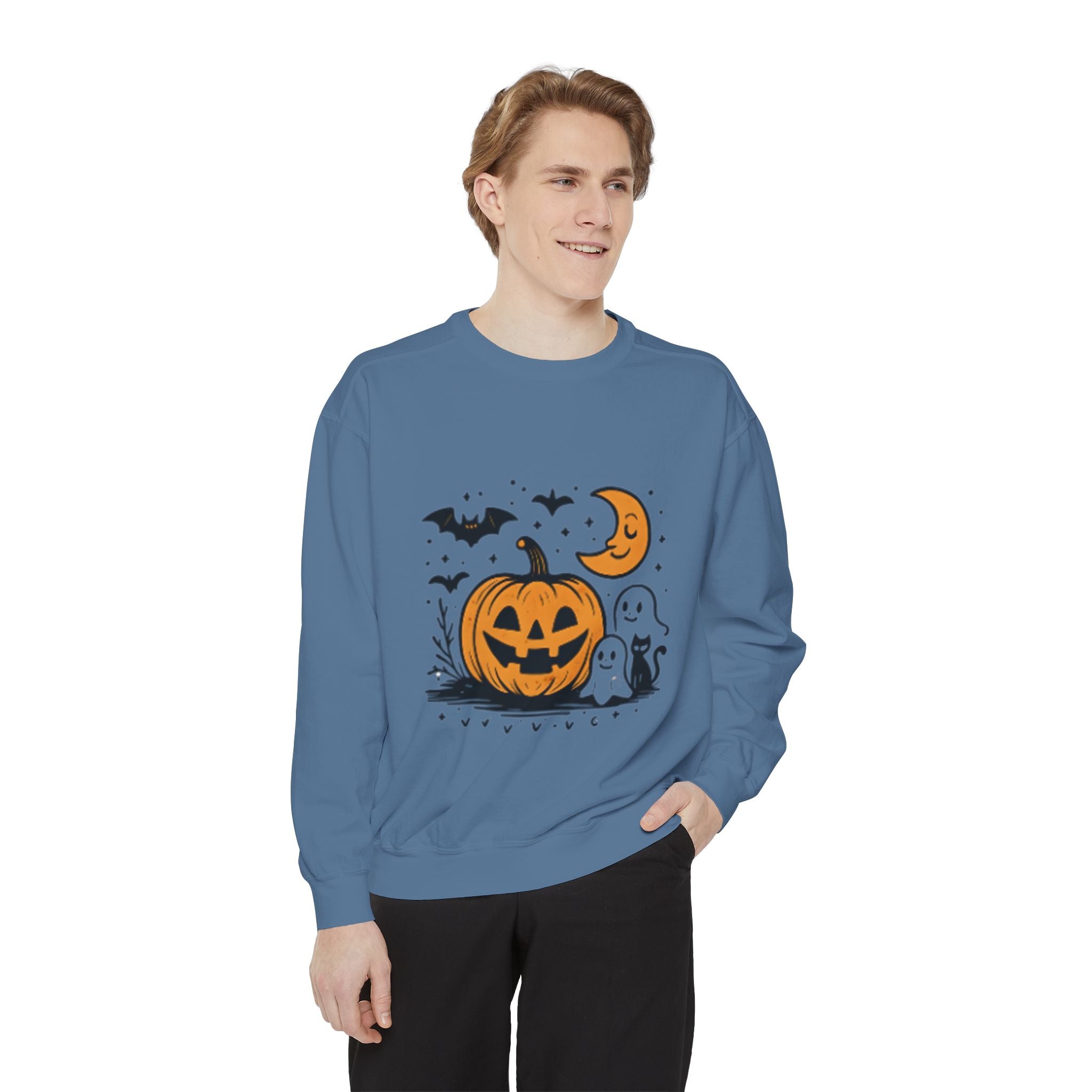 Halloween Pumpkin Sweatshirt, Cozy Fall Apparel, Spooky Season Sweater, Unisex Halloween Clothing, Ghost and Bat Design