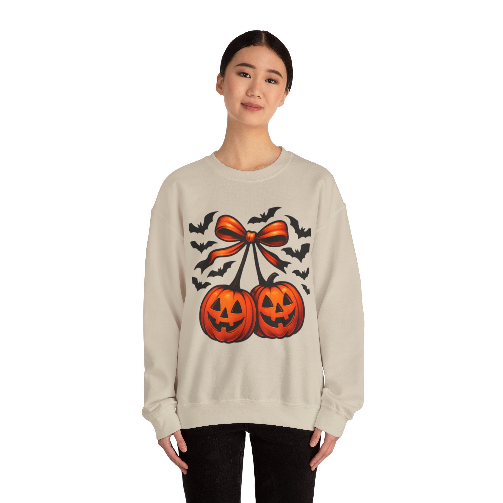Pumpkin Bow Crewneck Sweatshirt | Cozy Halloween Apparel, Fall Fashion, Unisex Sweater, Autumn Gift, Spooky Season Clothing