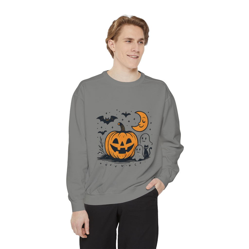 Halloween Pumpkin Sweatshirt, Cozy Fall Apparel, Spooky Season Sweater, Unisex Halloween Clothing, Ghost and Bat Design