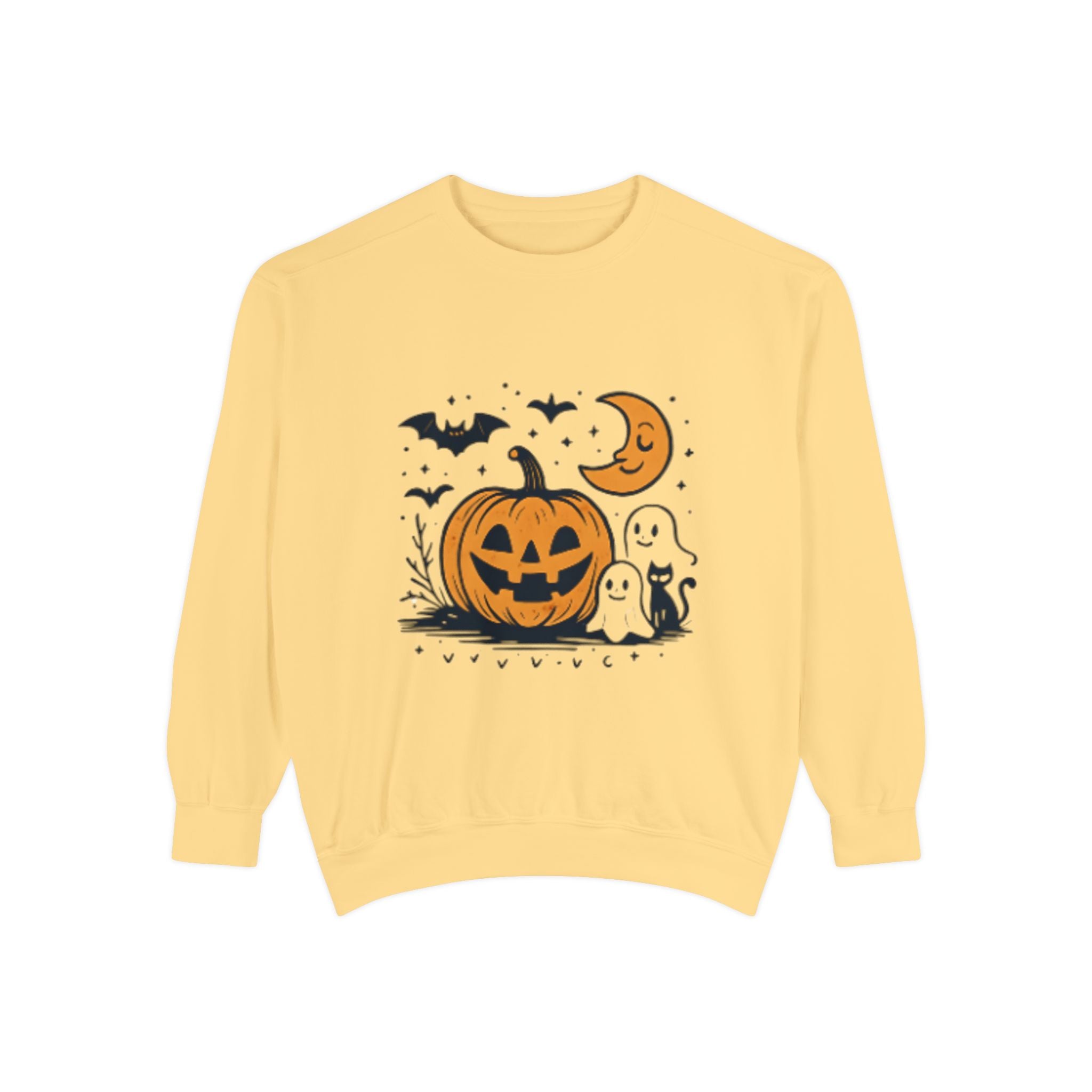Halloween Pumpkin Sweatshirt, Cozy Fall Apparel, Spooky Season Sweater, Unisex Halloween Clothing, Ghost and Bat Design