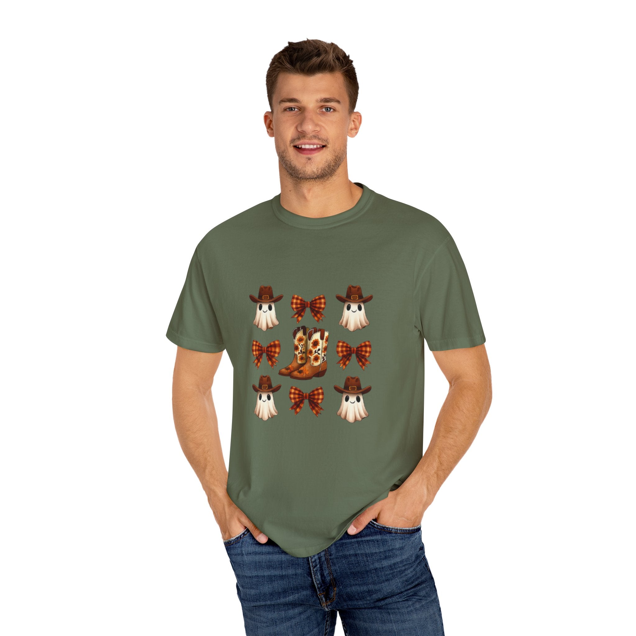 Whimsical Ghost & Boot T-Shirt | Halloween Unisex Tee, Fall Fashion, Cozy Casual Wear, Spooky Season Gift, Cute Outfit