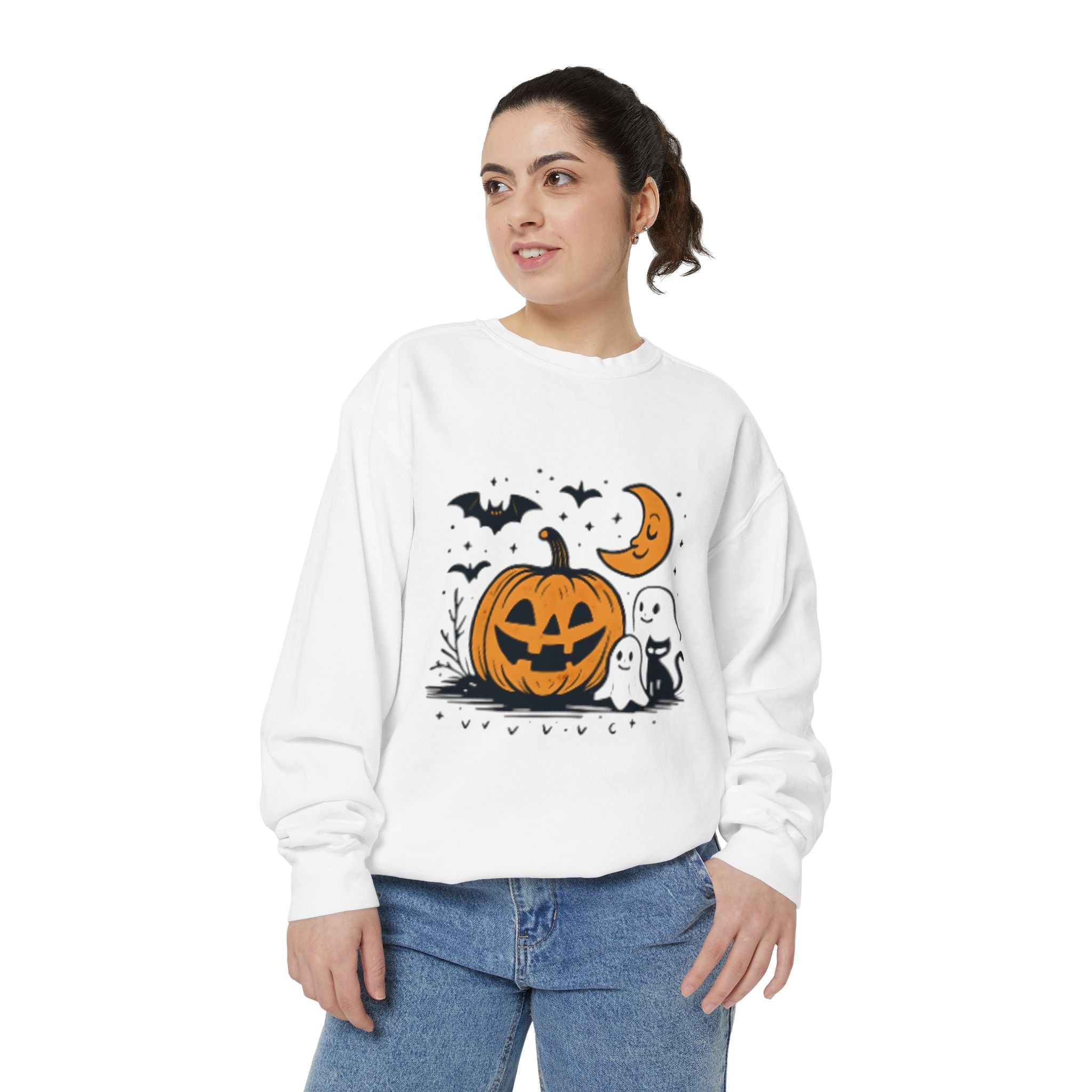 Halloween Pumpkin Sweatshirt, Cozy Fall Apparel, Spooky Season Sweater, Unisex Halloween Clothing, Ghost and Bat Design