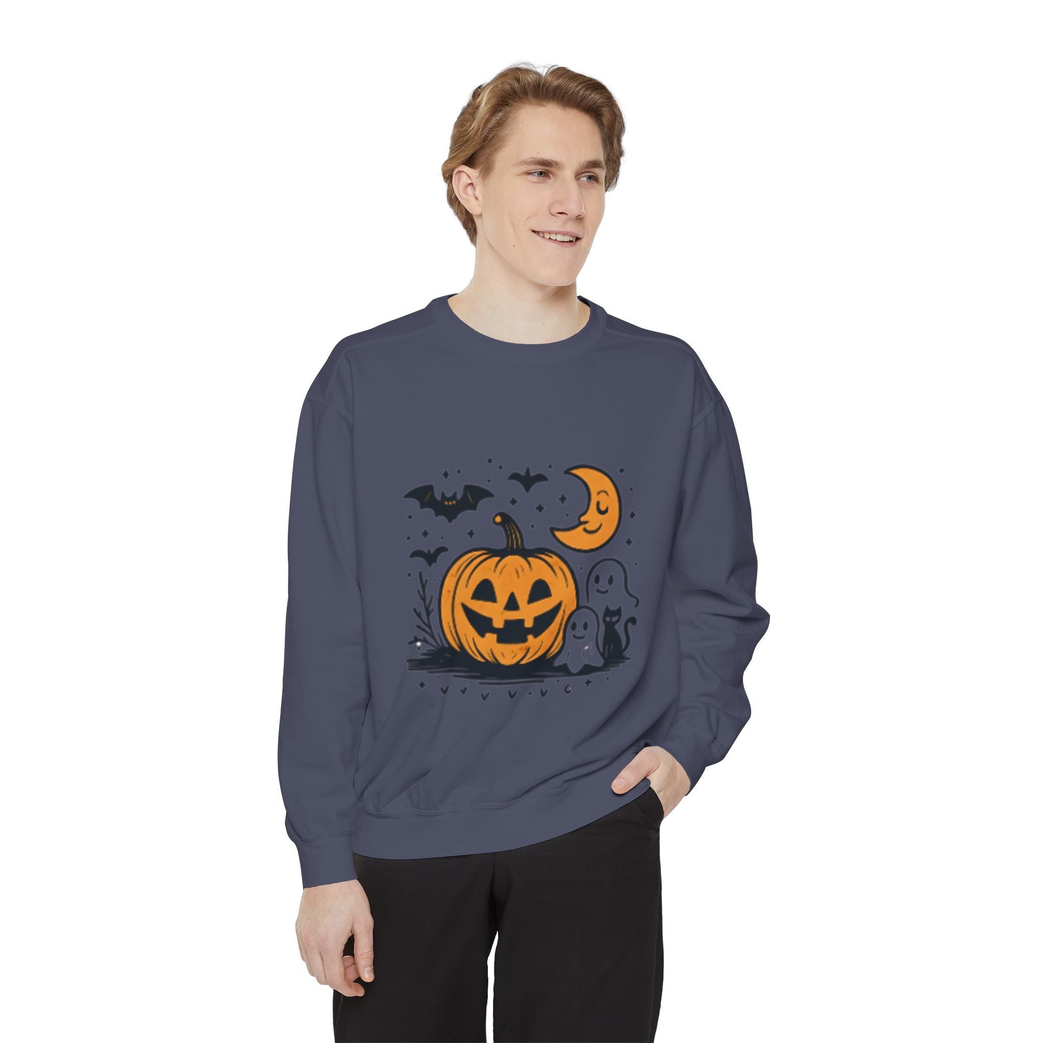 Halloween Pumpkin Sweatshirt, Cozy Fall Apparel, Spooky Season Sweater, Unisex Halloween Clothing, Ghost and Bat Design