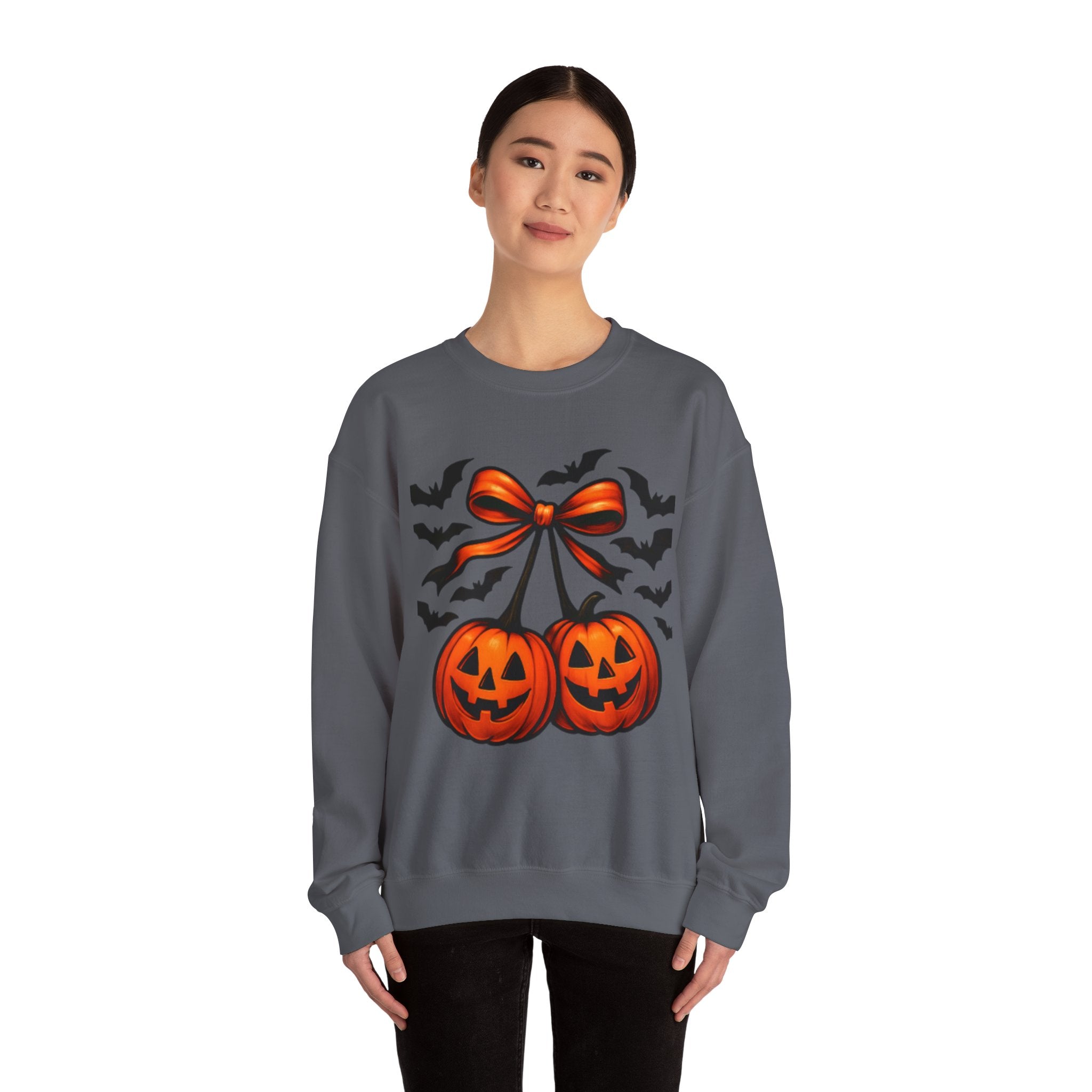 Pumpkin Bow Crewneck Sweatshirt | Cozy Halloween Apparel, Fall Fashion, Unisex Sweater, Autumn Gift, Spooky Season Clothing