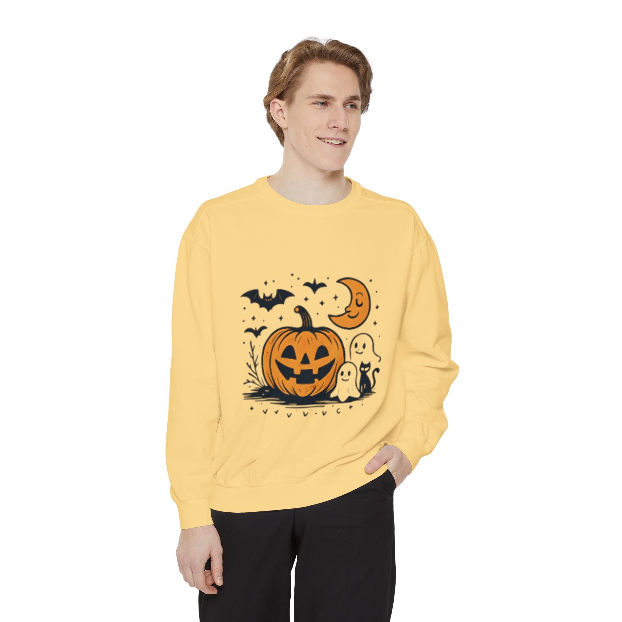Halloween Pumpkin Sweatshirt, Cozy Fall Apparel, Spooky Season Sweater, Unisex Halloween Clothing, Ghost and Bat Design