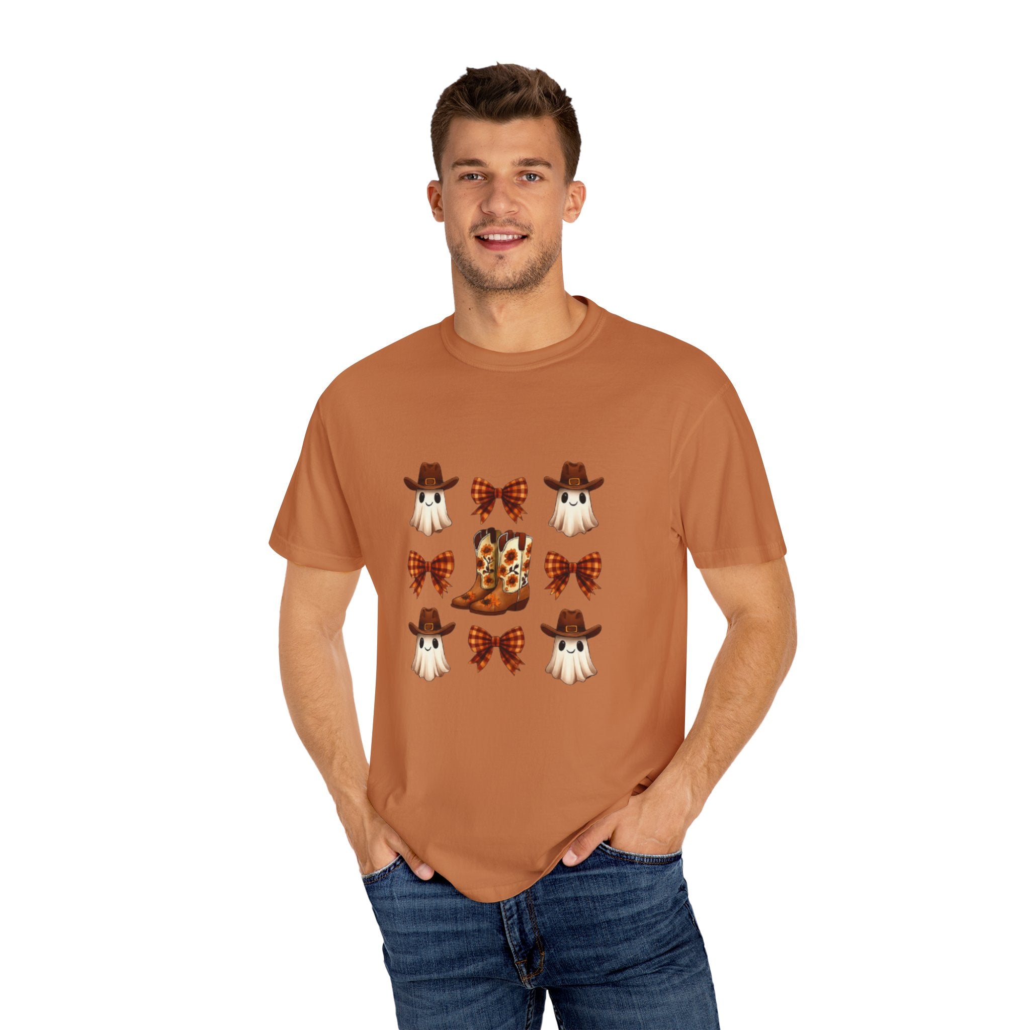Whimsical Ghost & Boot T-Shirt | Halloween Unisex Tee, Fall Fashion, Cozy Casual Wear, Spooky Season Gift, Cute Outfit