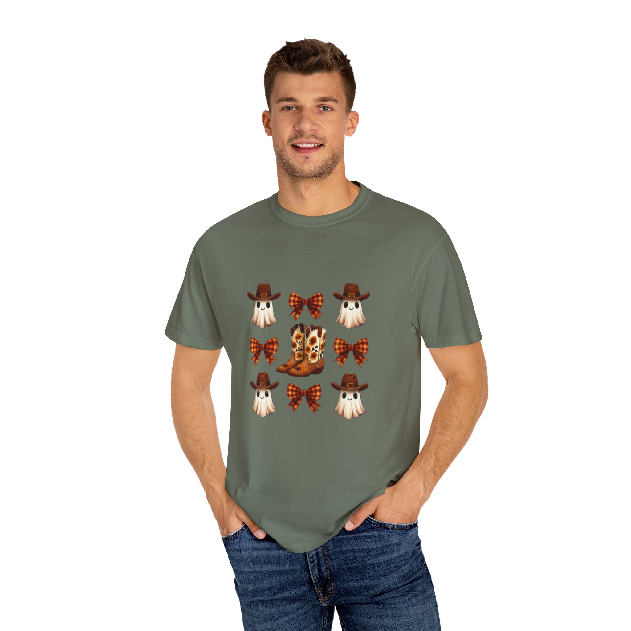 Whimsical Ghost & Boot T-Shirt | Halloween Unisex Tee, Fall Fashion, Cozy Casual Wear, Spooky Season Gift, Cute Outfit