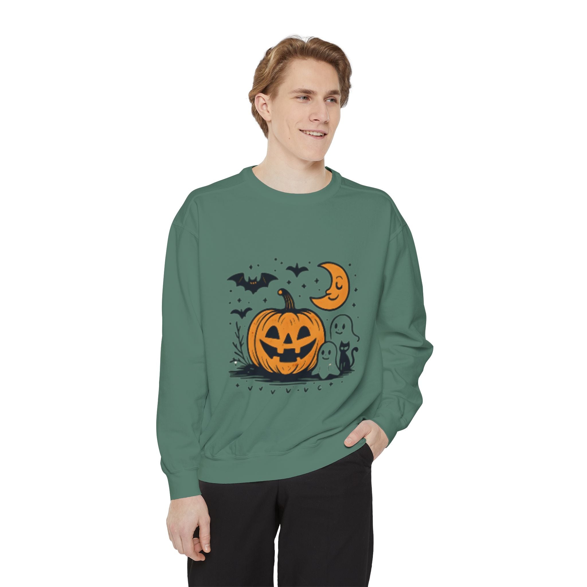 Halloween Pumpkin Sweatshirt, Cozy Fall Apparel, Spooky Season Sweater, Unisex Halloween Clothing, Ghost and Bat Design