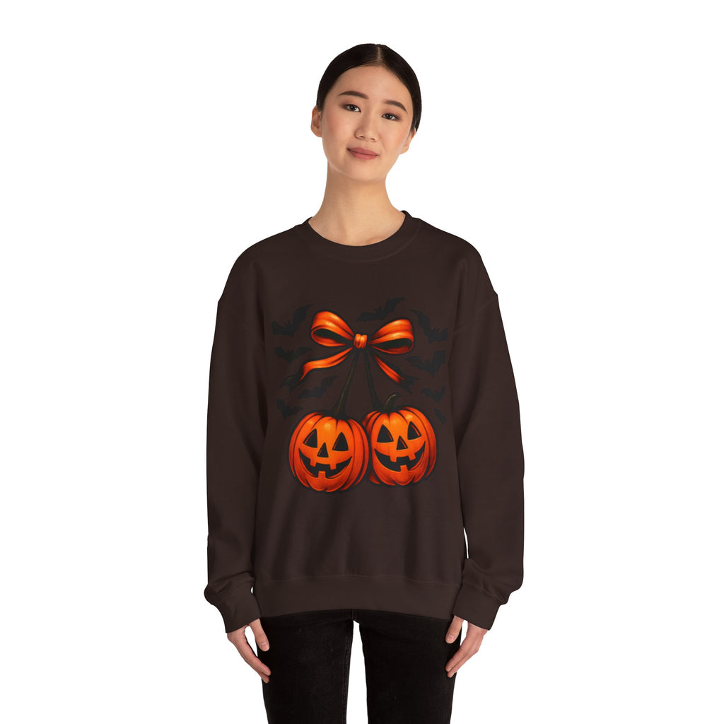 Pumpkin Bow Crewneck Sweatshirt | Cozy Halloween Apparel, Fall Fashion, Unisex Sweater, Autumn Gift, Spooky Season Clothing