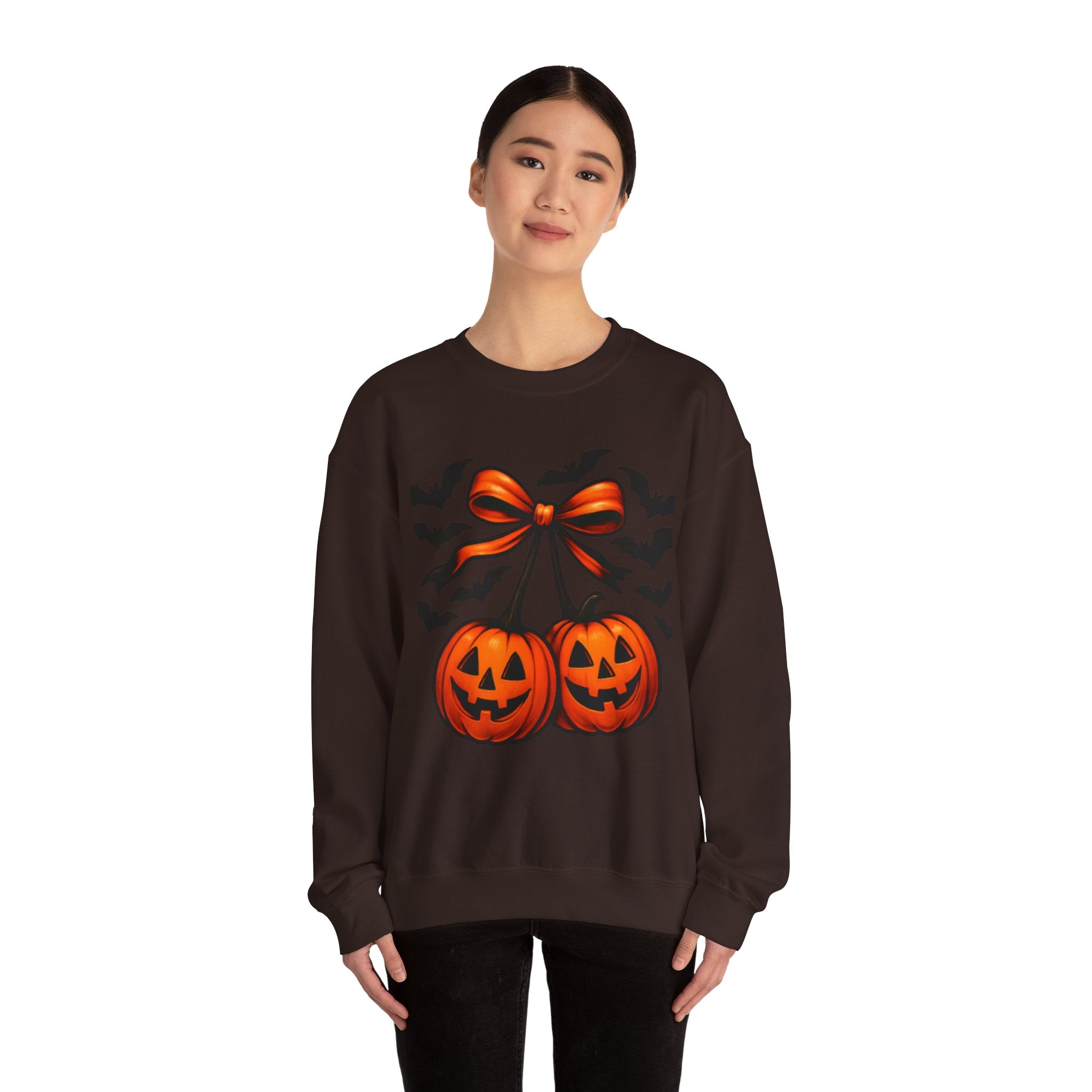 Pumpkin Bow Crewneck Sweatshirt | Cozy Halloween Apparel, Fall Fashion, Unisex Sweater, Autumn Gift, Spooky Season Clothing