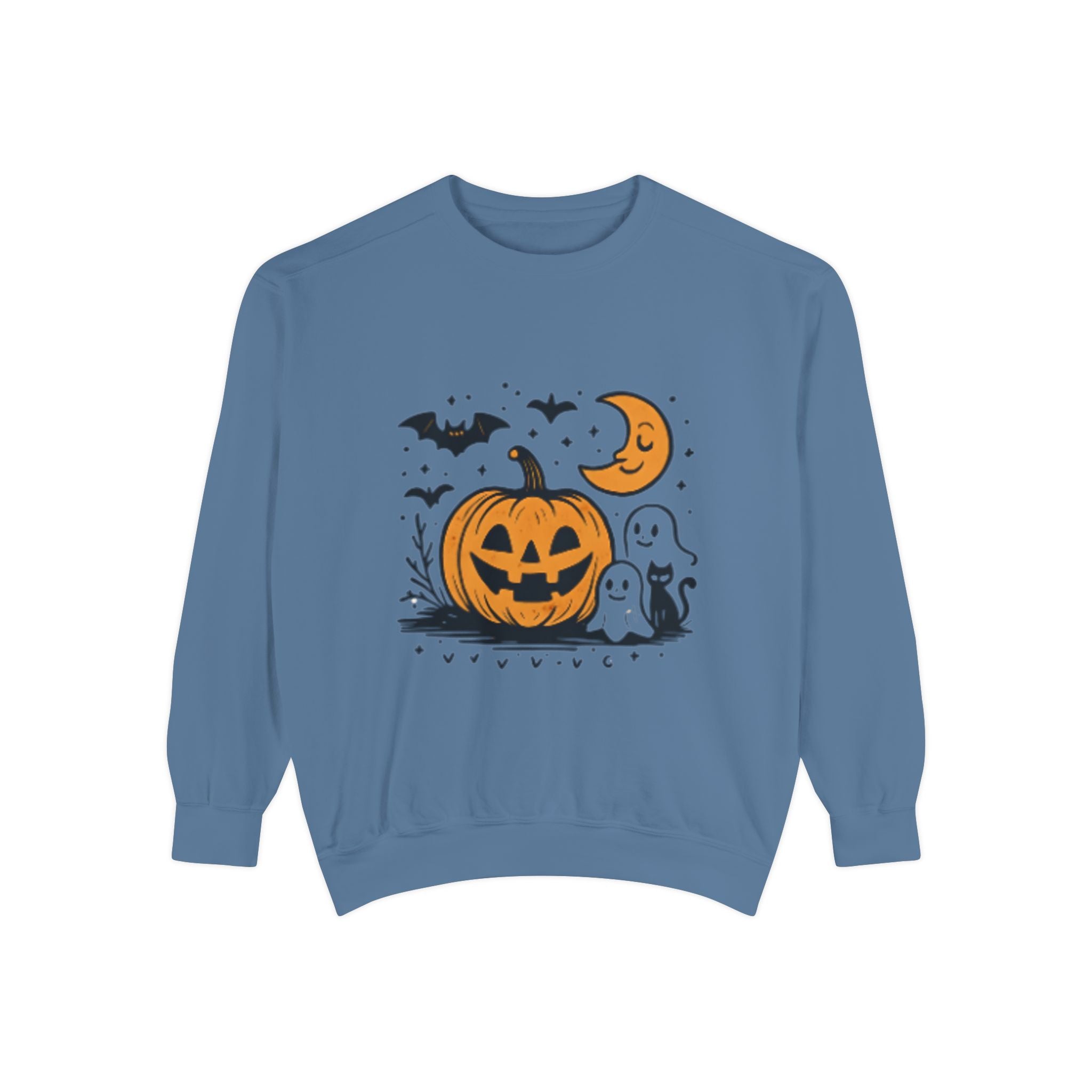 Halloween Pumpkin Sweatshirt, Cozy Fall Apparel, Spooky Season Sweater, Unisex Halloween Clothing, Ghost and Bat Design