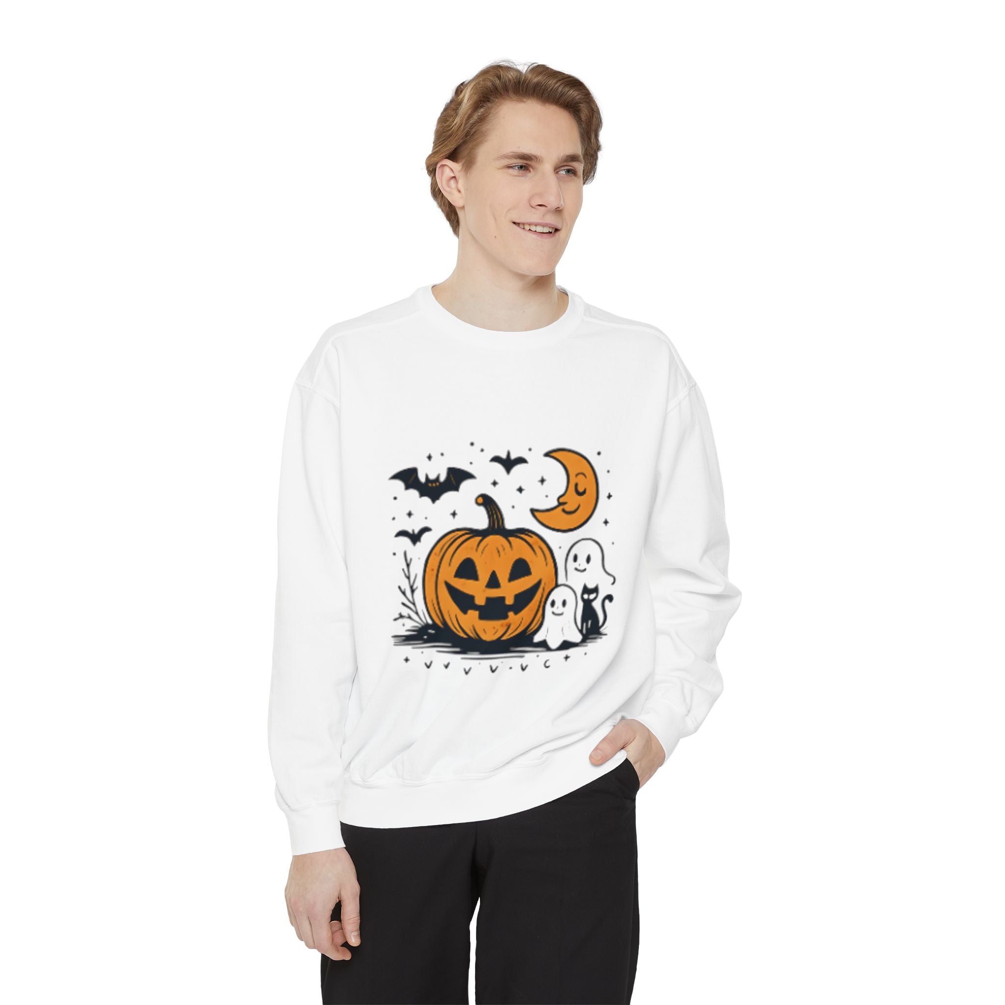 Halloween Pumpkin Sweatshirt, Cozy Fall Apparel, Spooky Season Sweater, Unisex Halloween Clothing, Ghost and Bat Design