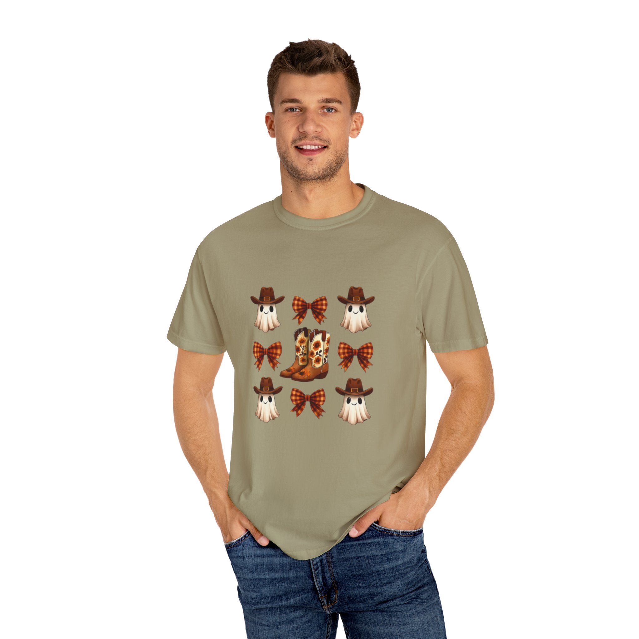 Whimsical Ghost & Boot T-Shirt | Halloween Unisex Tee, Fall Fashion, Cozy Casual Wear, Spooky Season Gift, Cute Outfit