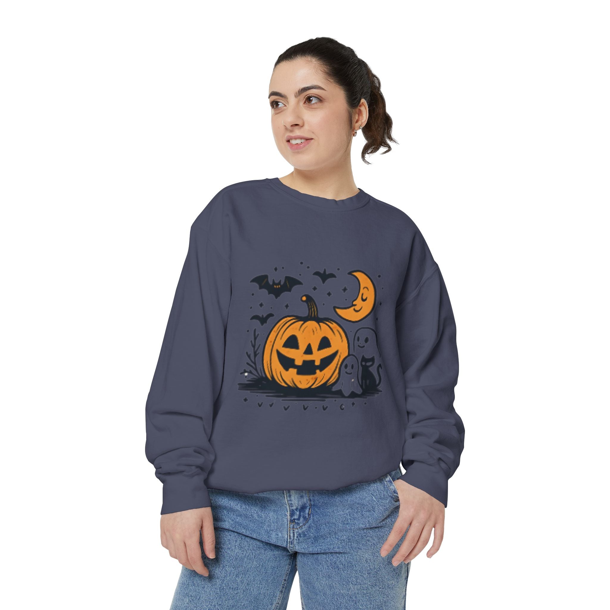Halloween Pumpkin Sweatshirt, Cozy Fall Apparel, Spooky Season Sweater, Unisex Halloween Clothing, Ghost and Bat Design