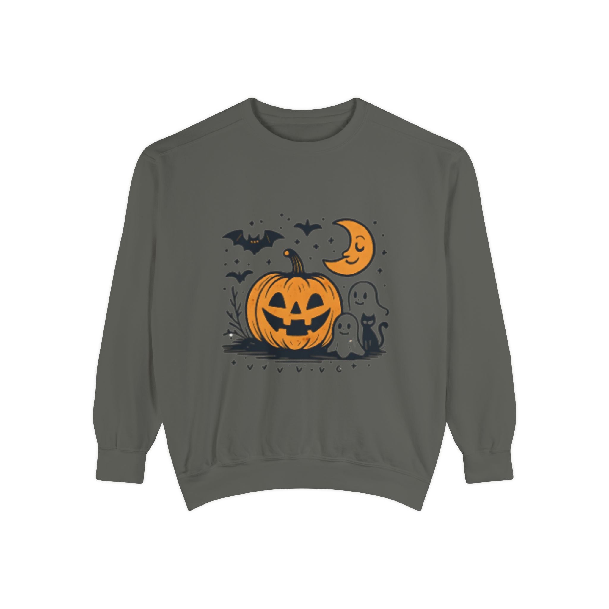 Halloween Pumpkin Sweatshirt, Cozy Fall Apparel, Spooky Season Sweater, Unisex Halloween Clothing, Ghost and Bat Design