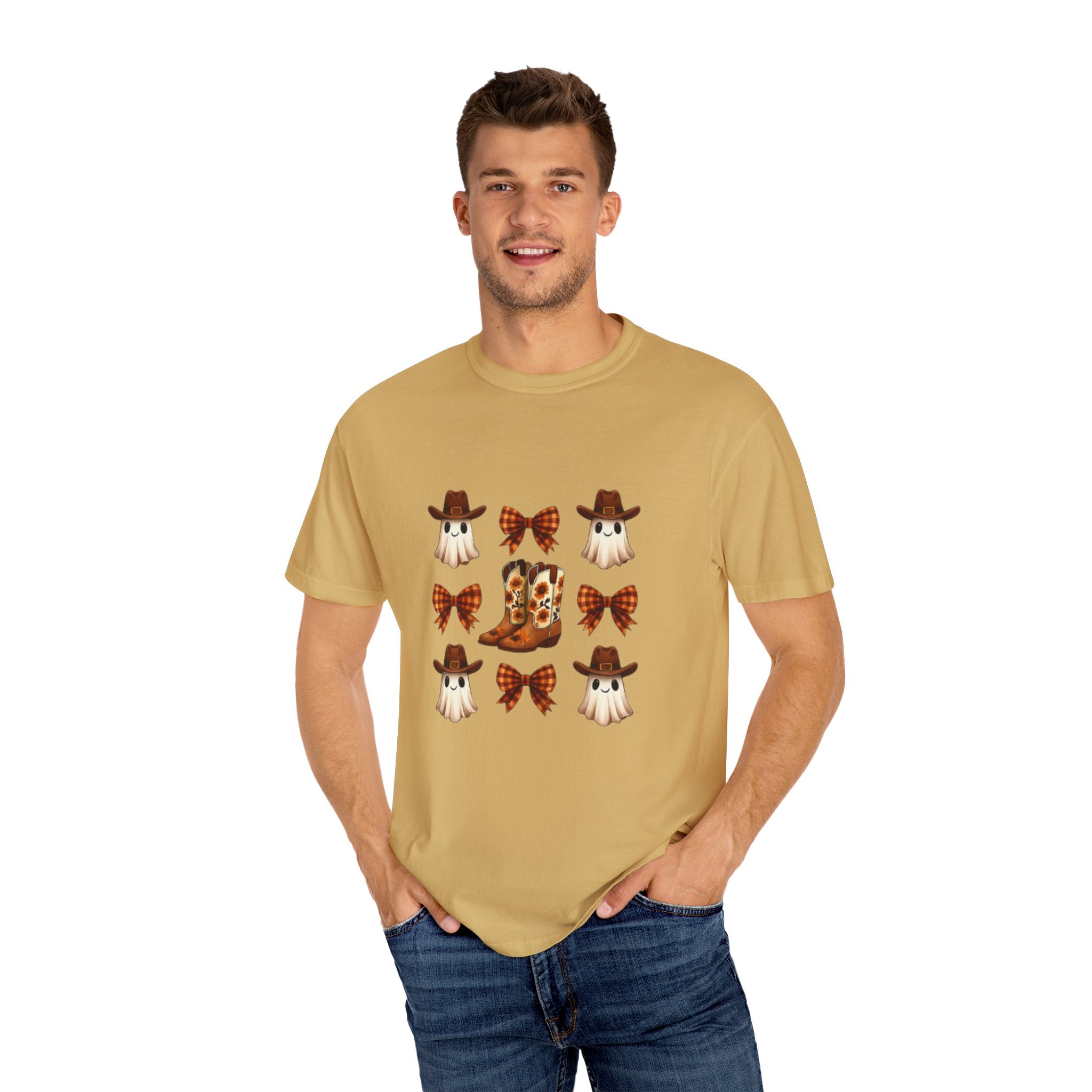 Whimsical Ghost & Boot T-Shirt | Halloween Unisex Tee, Fall Fashion, Cozy Casual Wear, Spooky Season Gift, Cute Outfit