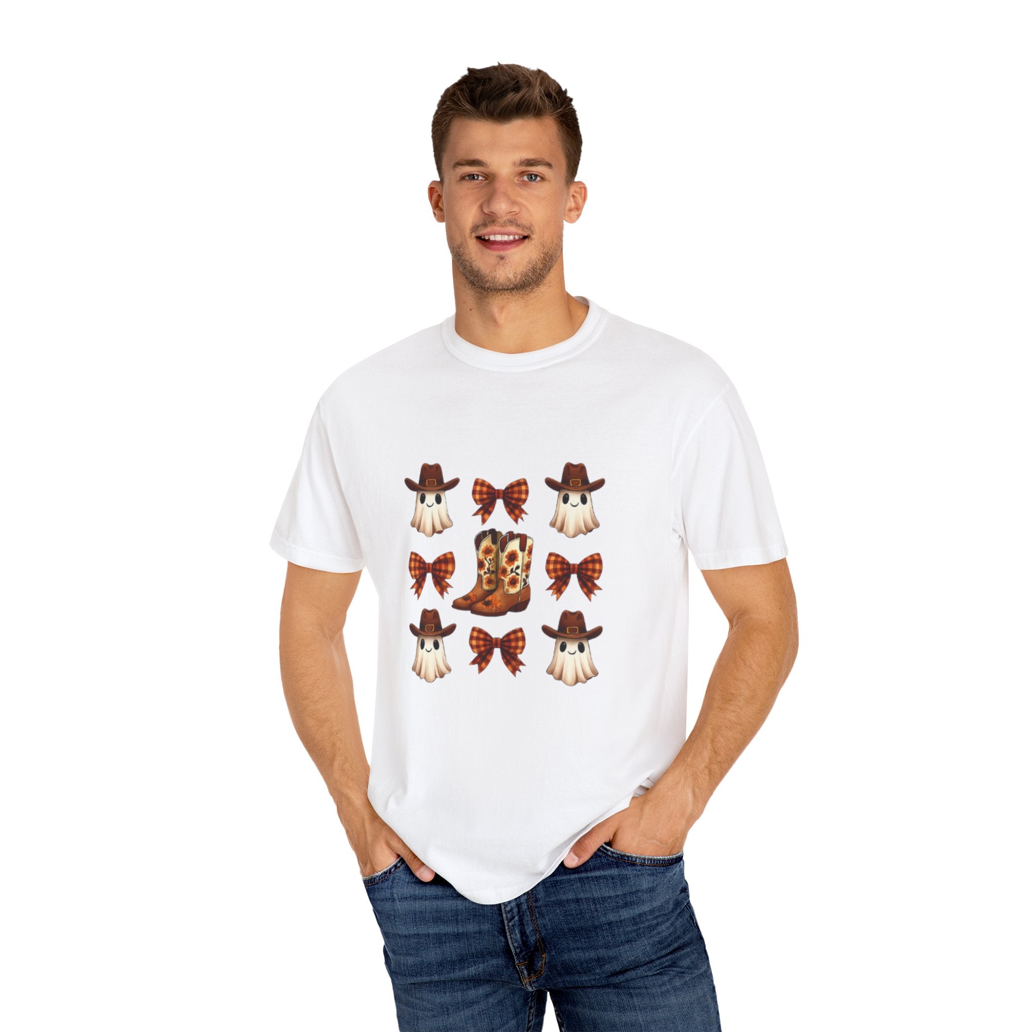 Whimsical Ghost & Boot T-Shirt | Halloween Unisex Tee, Fall Fashion, Cozy Casual Wear, Spooky Season Gift, Cute Outfit