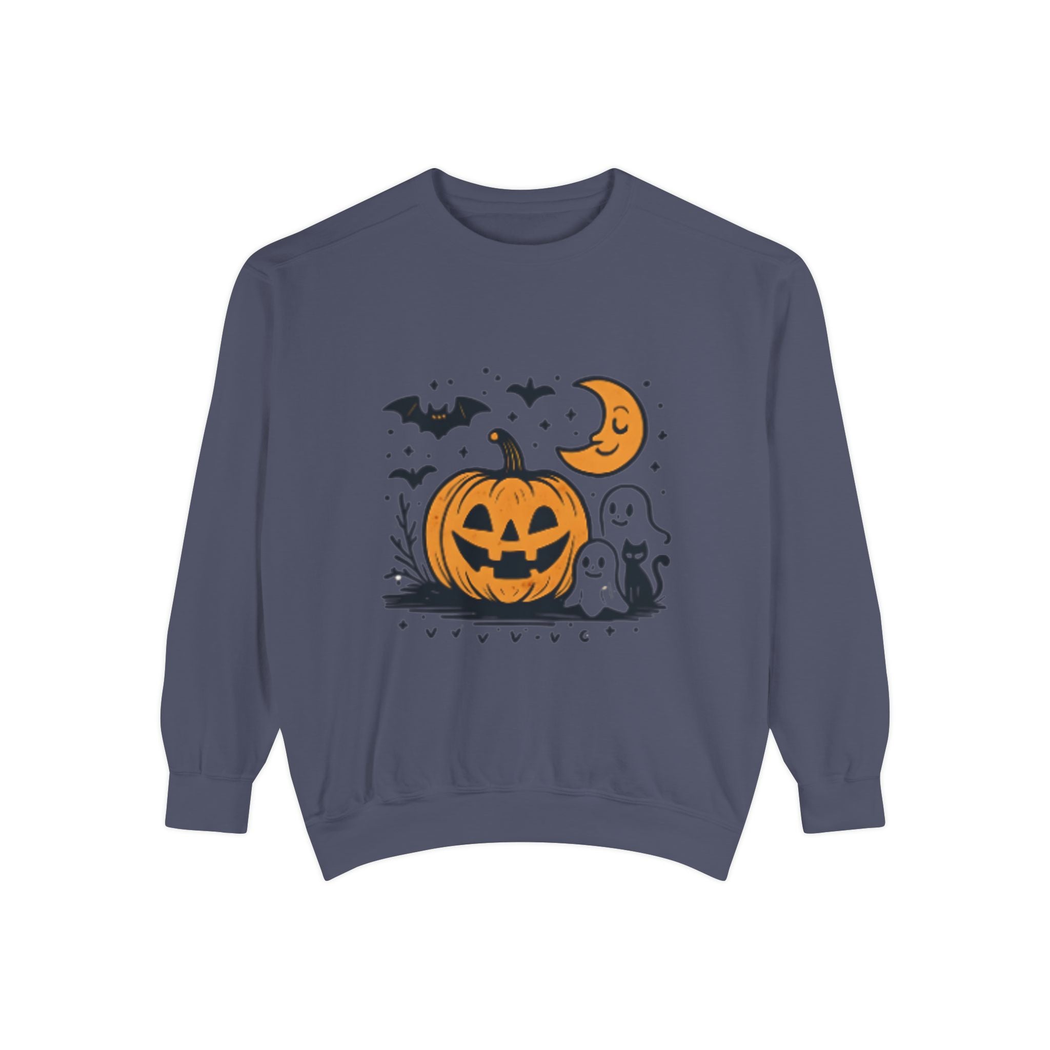 Halloween Pumpkin Sweatshirt, Cozy Fall Apparel, Spooky Season Sweater, Unisex Halloween Clothing, Ghost and Bat Design