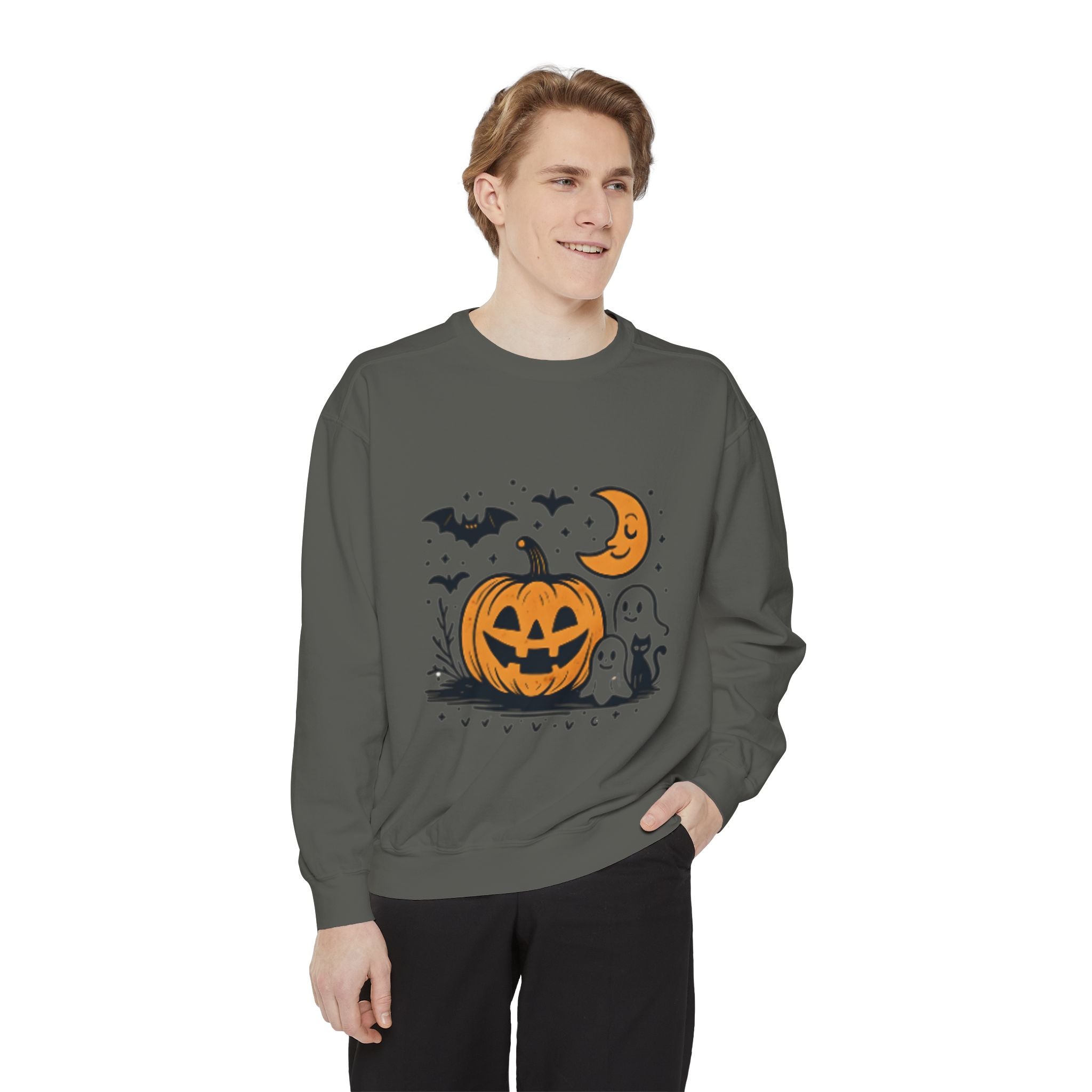 Halloween Pumpkin Sweatshirt, Cozy Fall Apparel, Spooky Season Sweater, Unisex Halloween Clothing, Ghost and Bat Design