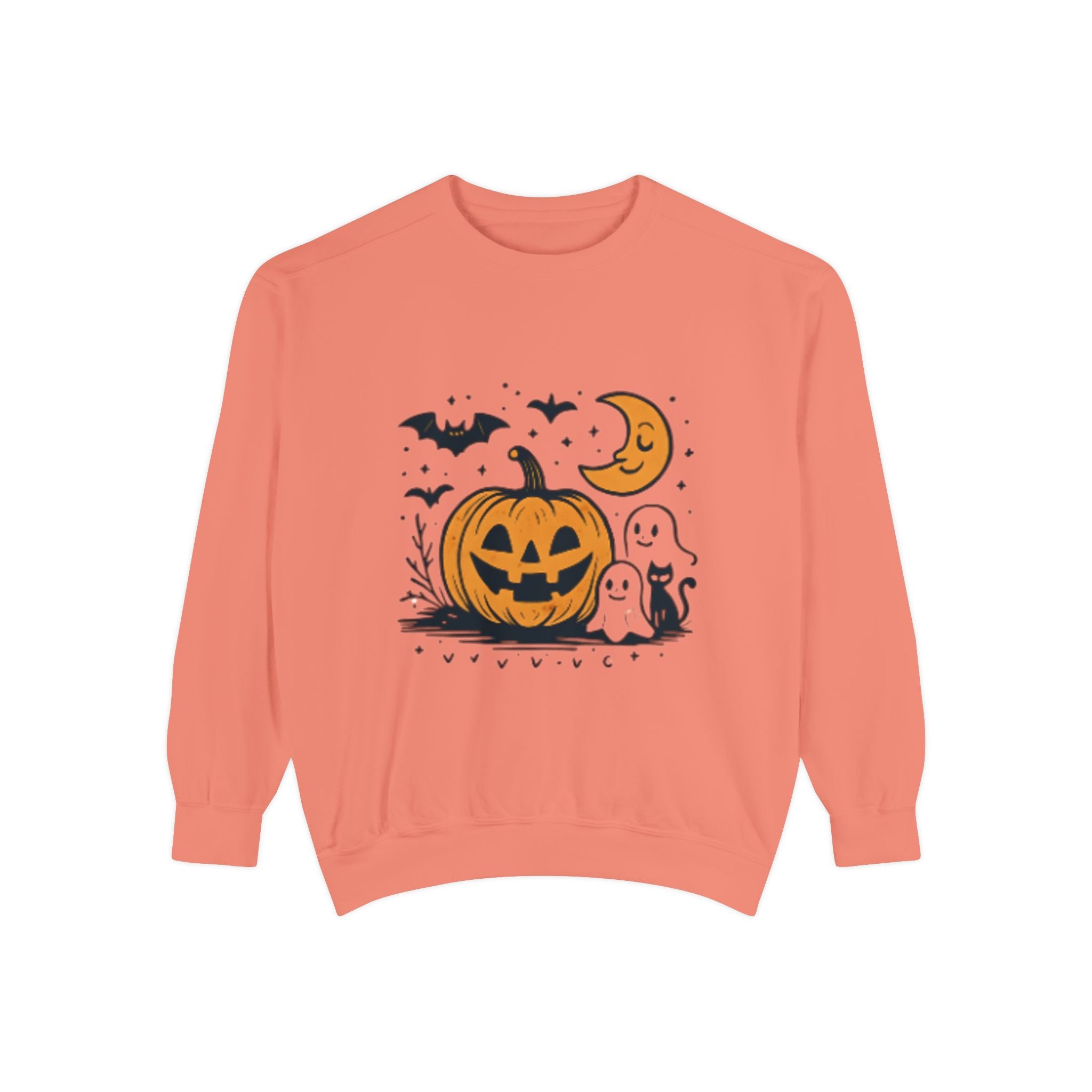 Halloween Pumpkin Sweatshirt, Cozy Fall Apparel, Spooky Season Sweater, Unisex Halloween Clothing, Ghost and Bat Design