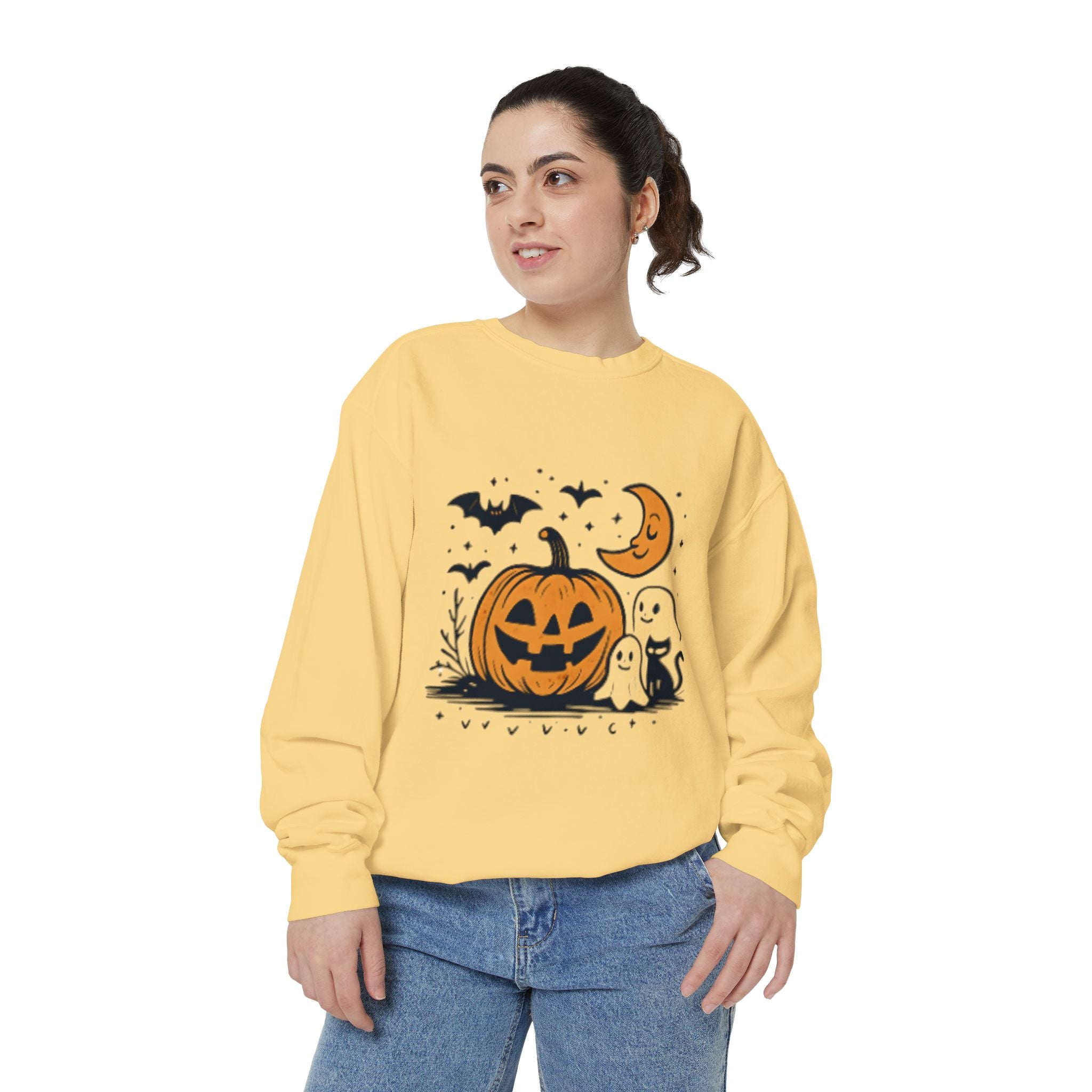 Halloween Pumpkin Sweatshirt, Cozy Fall Apparel, Spooky Season Sweater, Unisex Halloween Clothing, Ghost and Bat Design
