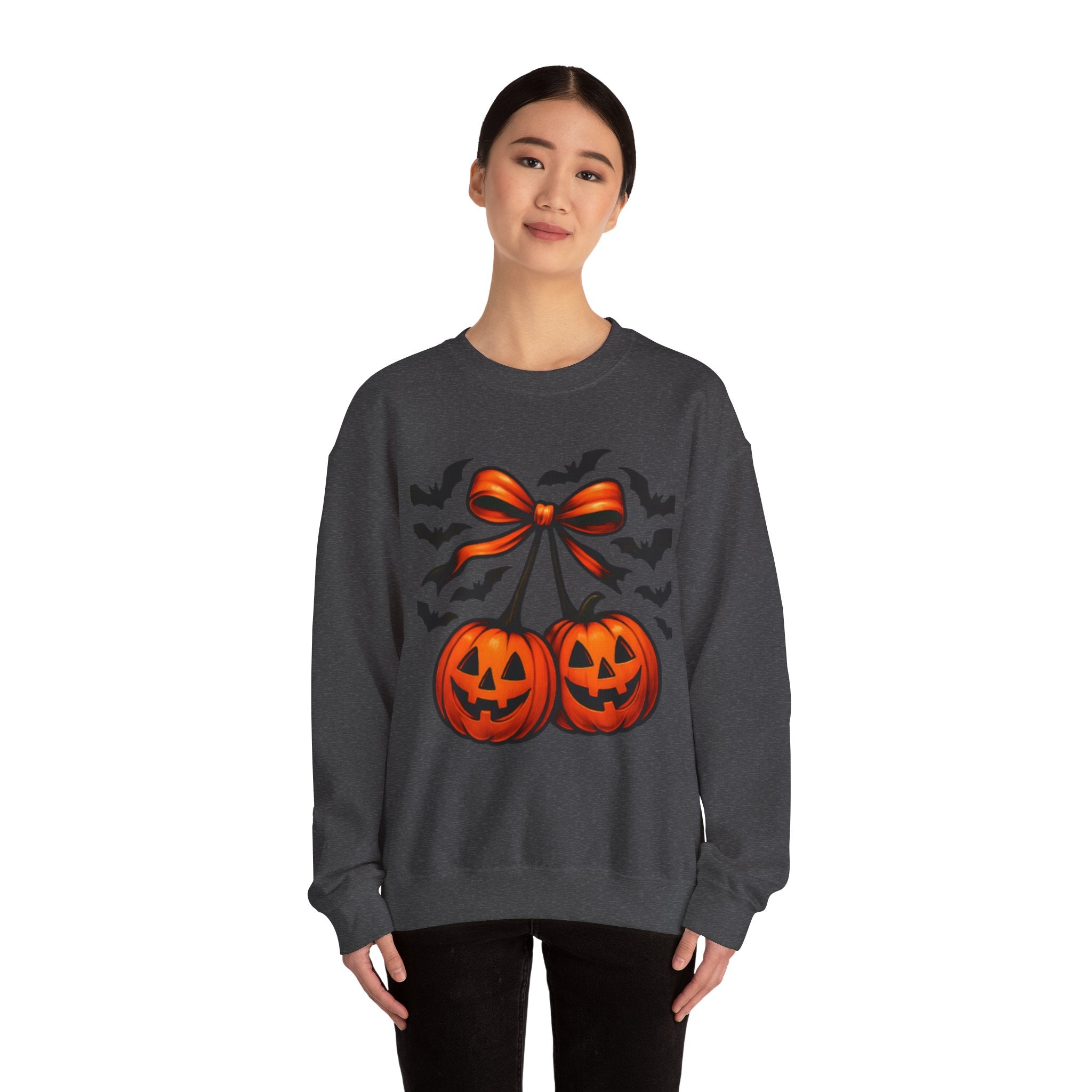 Pumpkin Bow Crewneck Sweatshirt | Cozy Halloween Apparel, Fall Fashion, Unisex Sweater, Autumn Gift, Spooky Season Clothing