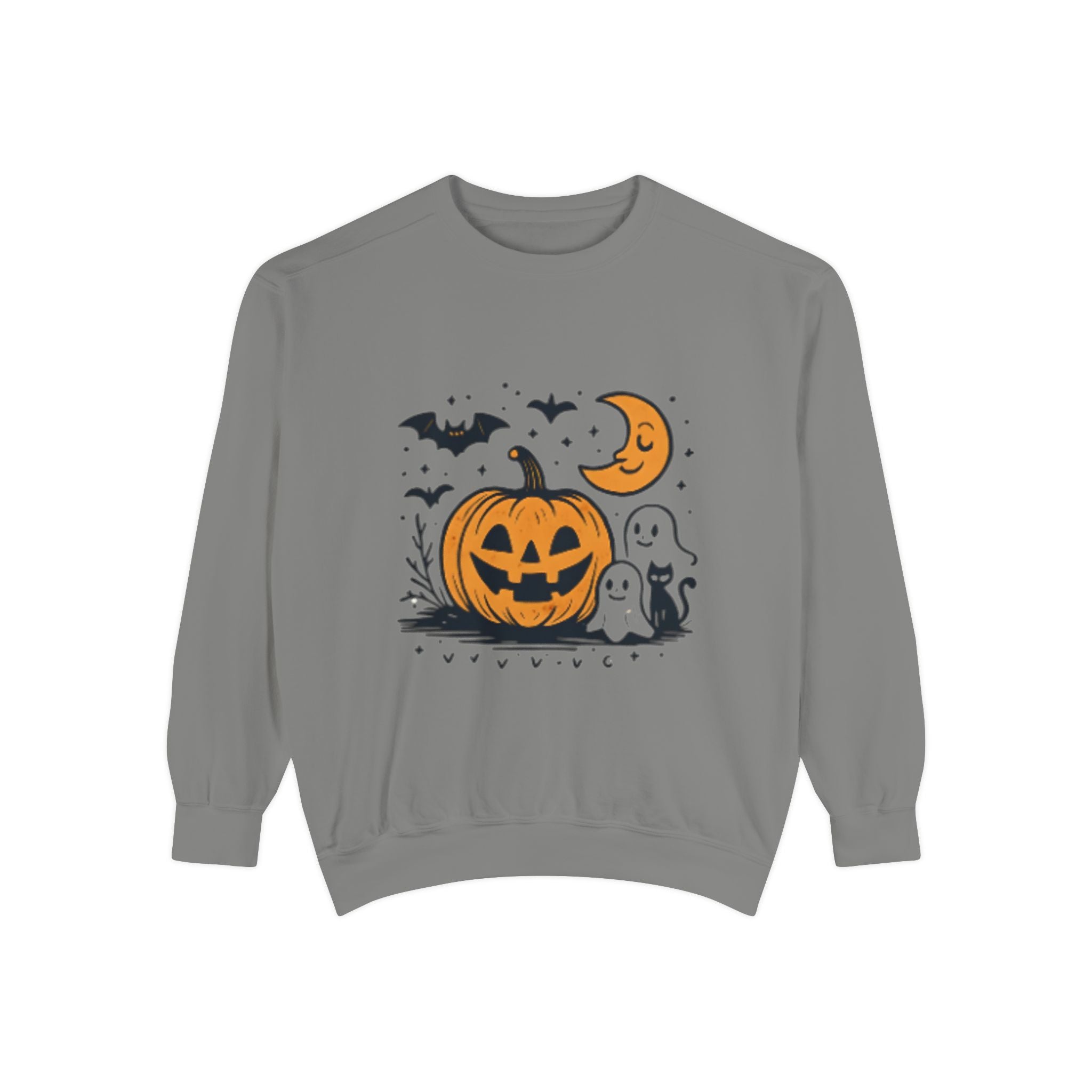 Halloween Pumpkin Sweatshirt, Cozy Fall Apparel, Spooky Season Sweater, Unisex Halloween Clothing, Ghost and Bat Design