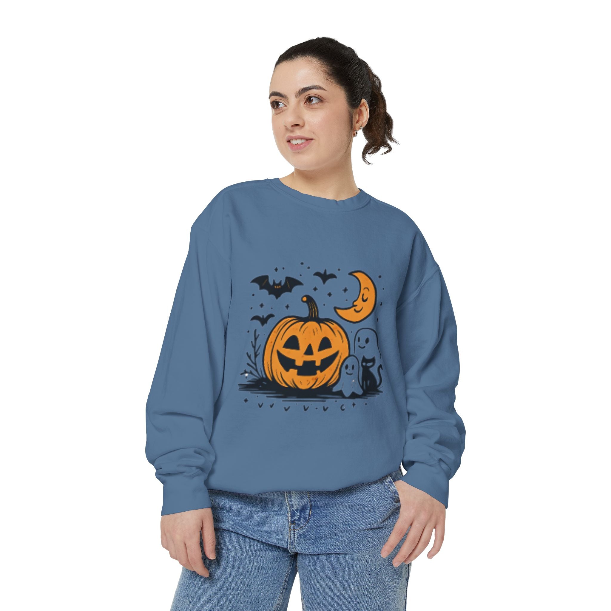 Halloween Pumpkin Sweatshirt, Cozy Fall Apparel, Spooky Season Sweater, Unisex Halloween Clothing, Ghost and Bat Design