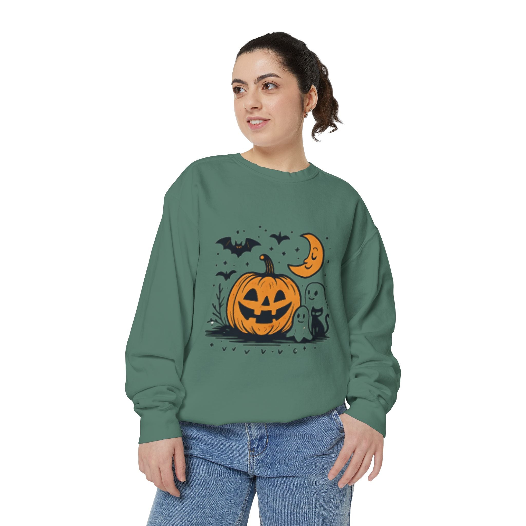 Halloween Pumpkin Sweatshirt, Cozy Fall Apparel, Spooky Season Sweater, Unisex Halloween Clothing, Ghost and Bat Design