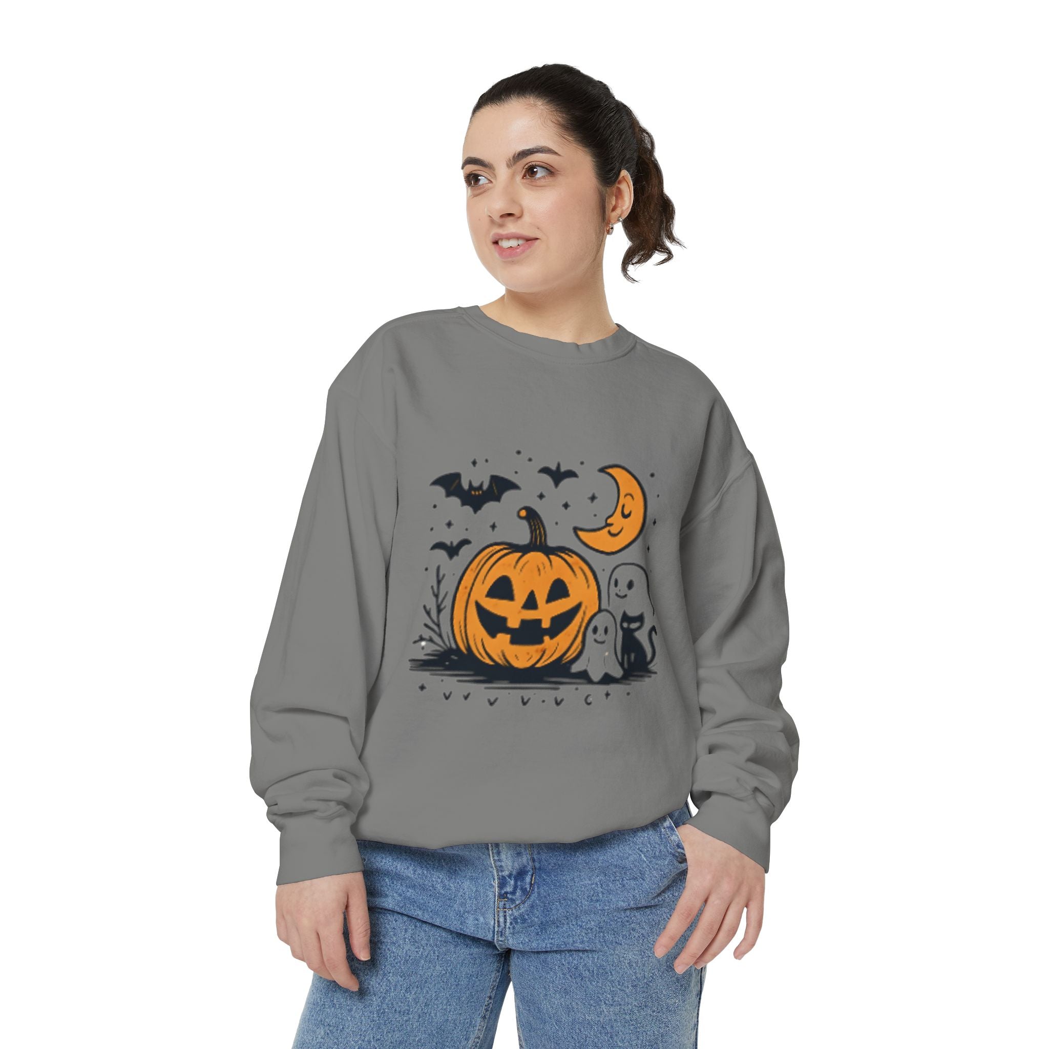 Halloween Pumpkin Sweatshirt, Cozy Fall Apparel, Spooky Season Sweater, Unisex Halloween Clothing, Ghost and Bat Design