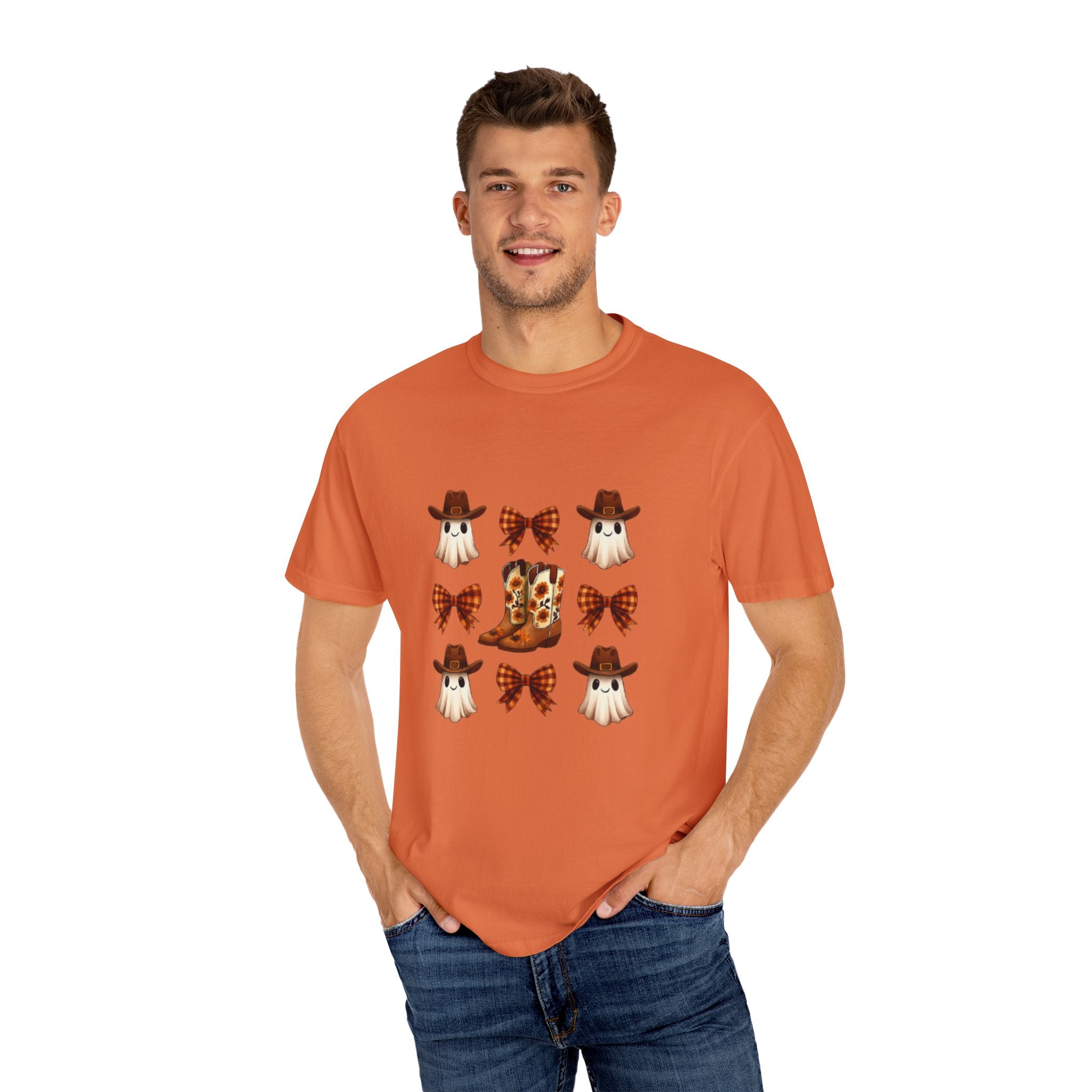 Whimsical Ghost & Boot T-Shirt | Halloween Unisex Tee, Fall Fashion, Cozy Casual Wear, Spooky Season Gift, Cute Outfit