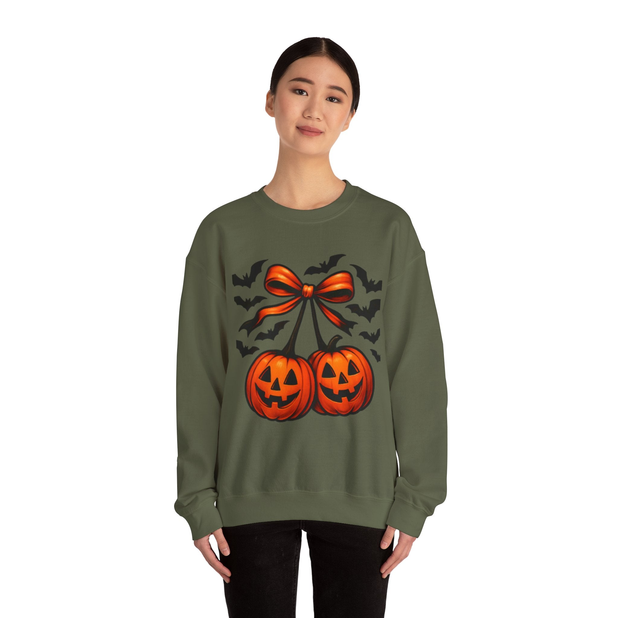 Pumpkin Bow Crewneck Sweatshirt | Cozy Halloween Apparel, Fall Fashion, Unisex Sweater, Autumn Gift, Spooky Season Clothing
