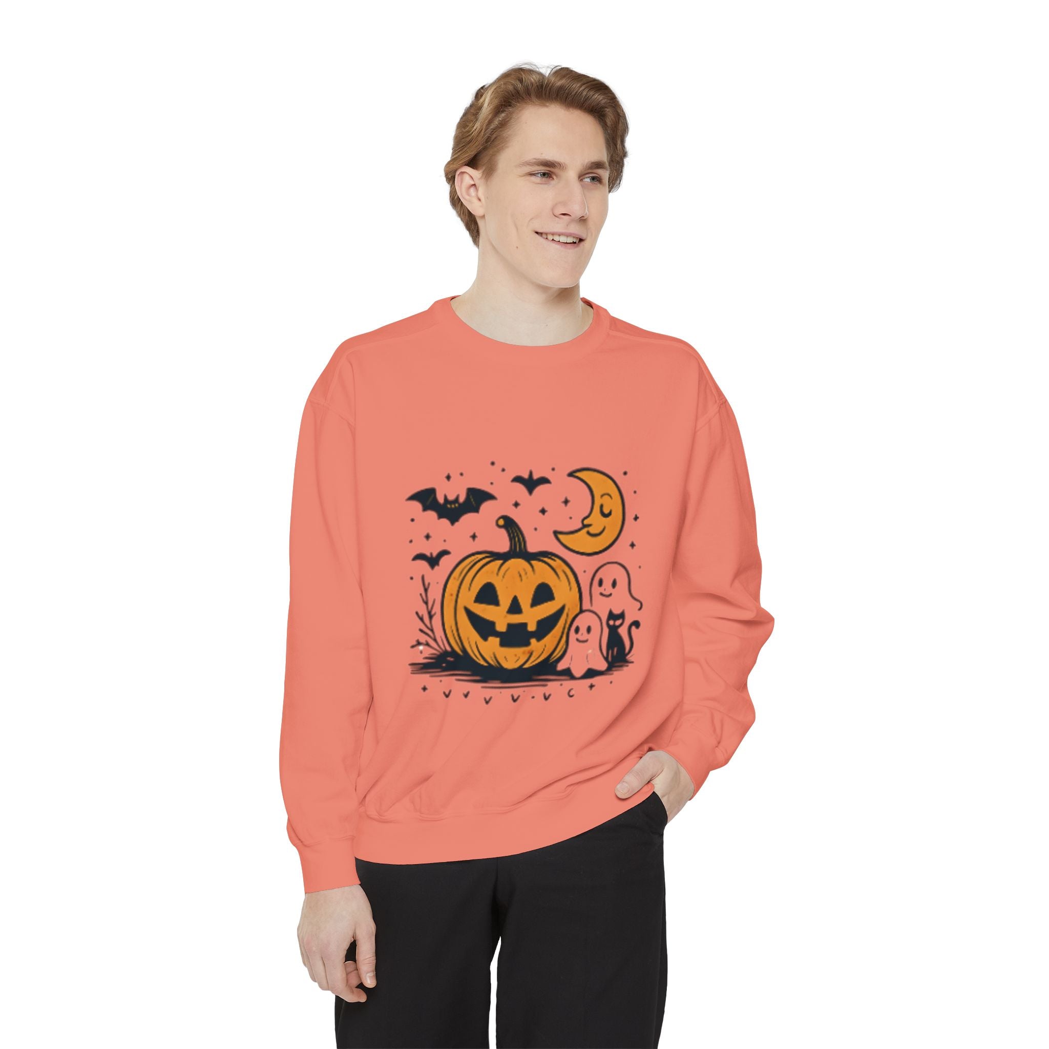 Halloween Pumpkin Sweatshirt, Cozy Fall Apparel, Spooky Season Sweater, Unisex Halloween Clothing, Ghost and Bat Design